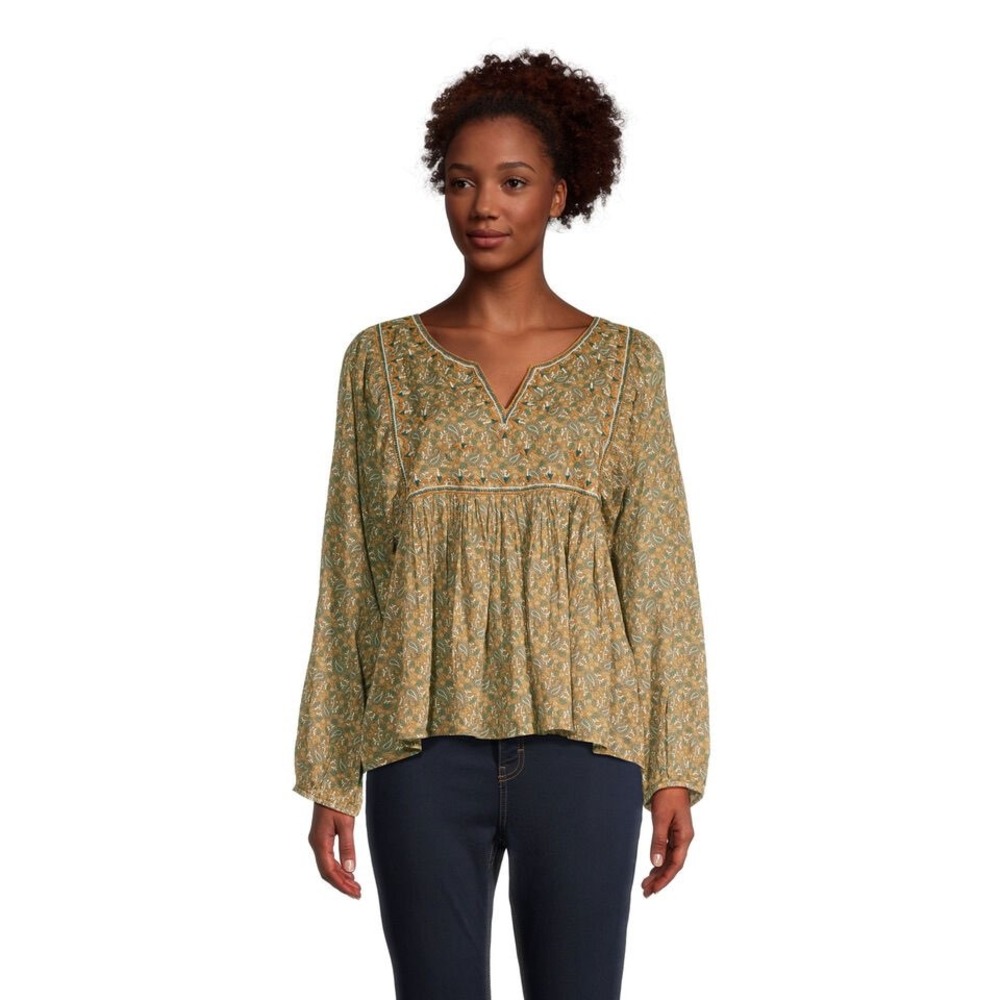 World Market Top Stella Olive Embroidered Paisley Blouse Women Balloon Sleeve
